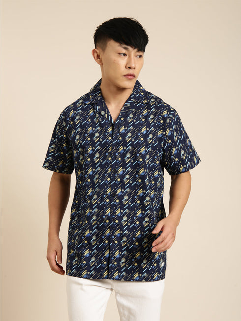 Navy Blue Printed Short Sleeves Shirt